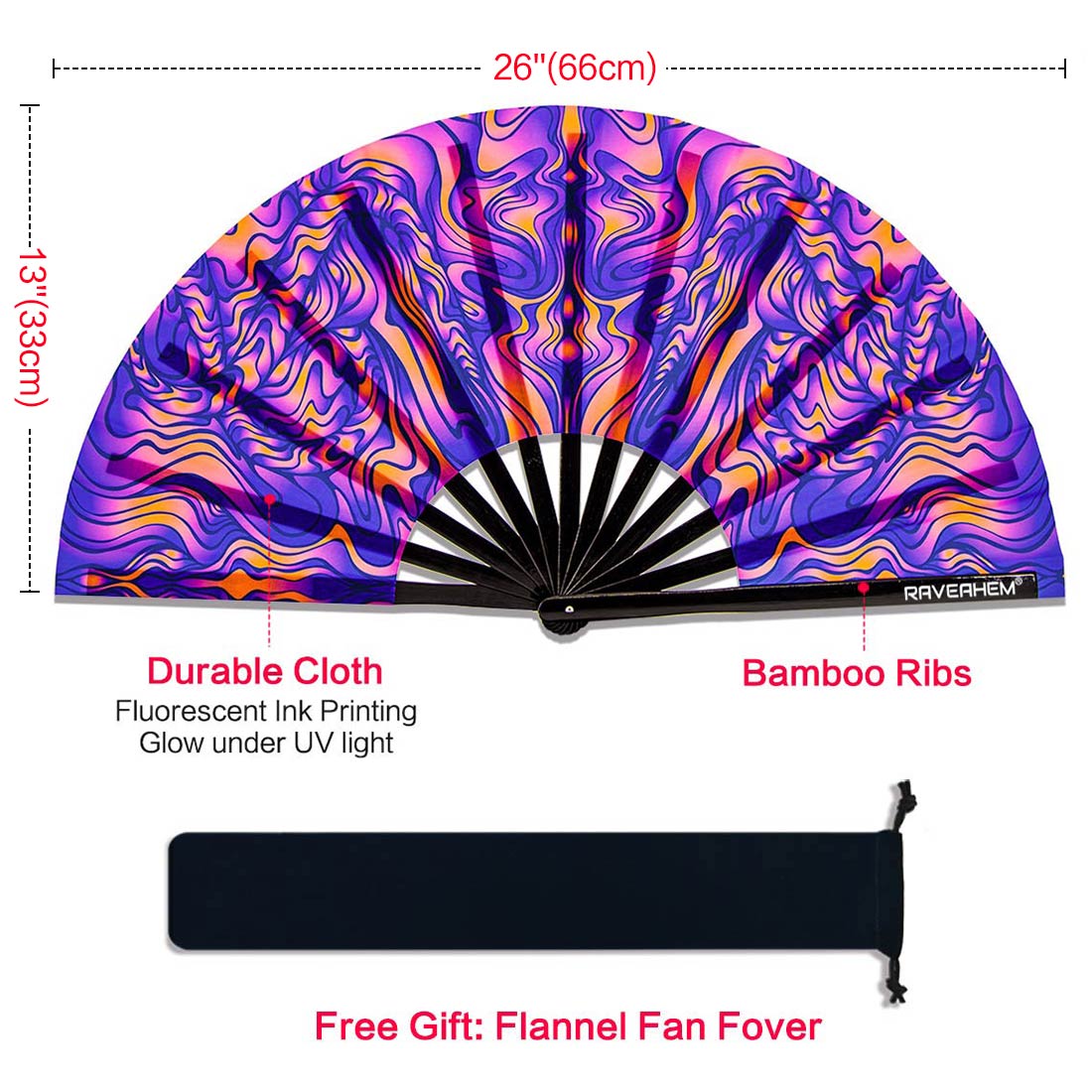 Waves UV Glow Bamboo Clack Hand Fan For Raves or Festivals