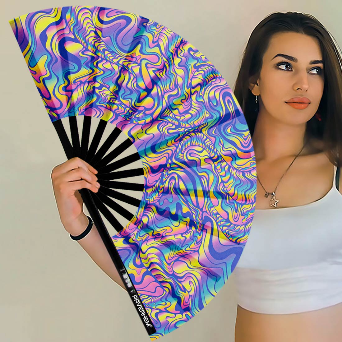 Waves Bamboo Folding Clack Hand Fan For Raves or Festivals