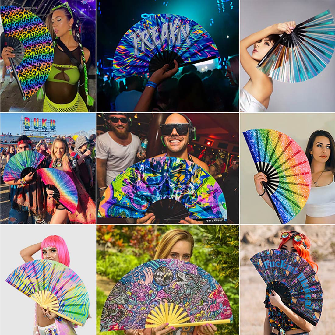 Waves UV Glow Bamboo Clack Hand Fan For Raves or Festivals