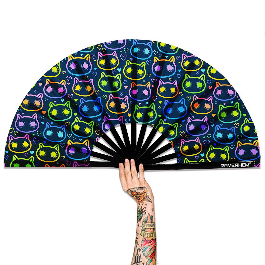 Cute Cat UV Glow Bamboo Clack Hand Fan For Raves or Festivals
