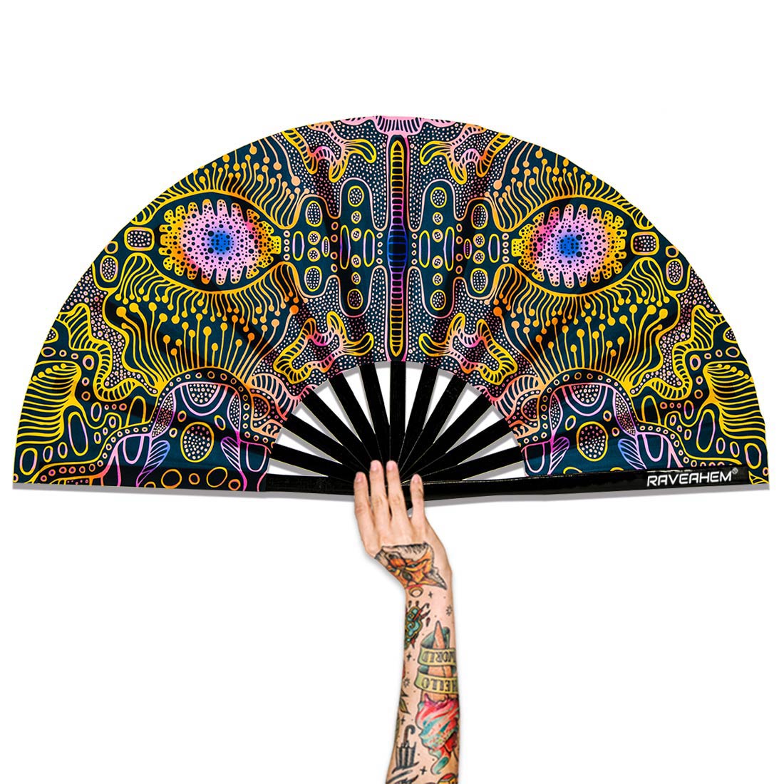Space psychedelic UV Glow Bamboo Clack Hand Fan For Raves or Festivals